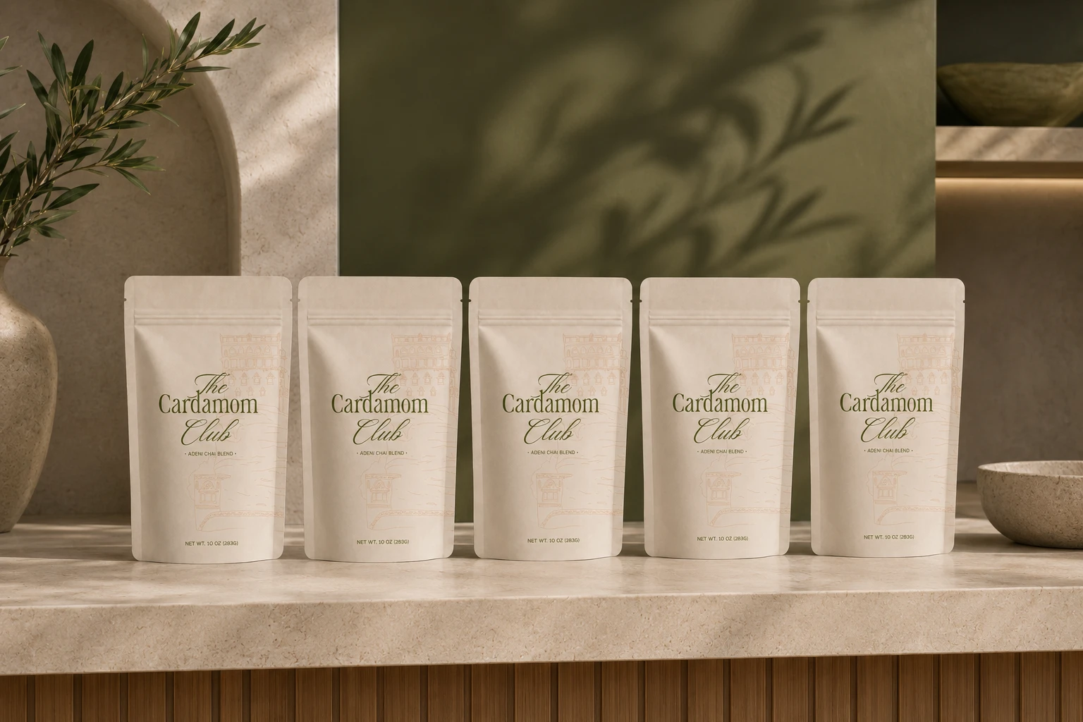 A row of five Cardamom Club pouches displayed on a stone counter