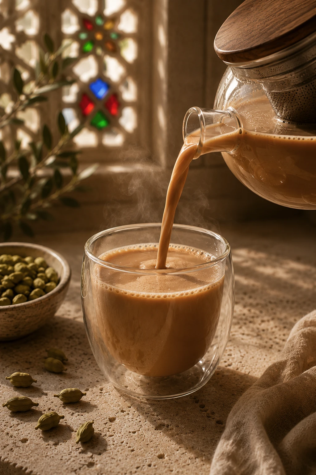 Chai being poured from a glass teapot into a cup, with cardamom pods on the counter
