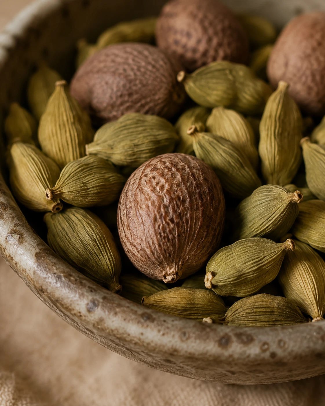 Whole cardamom pods and nutmeg in a ceramic bowl